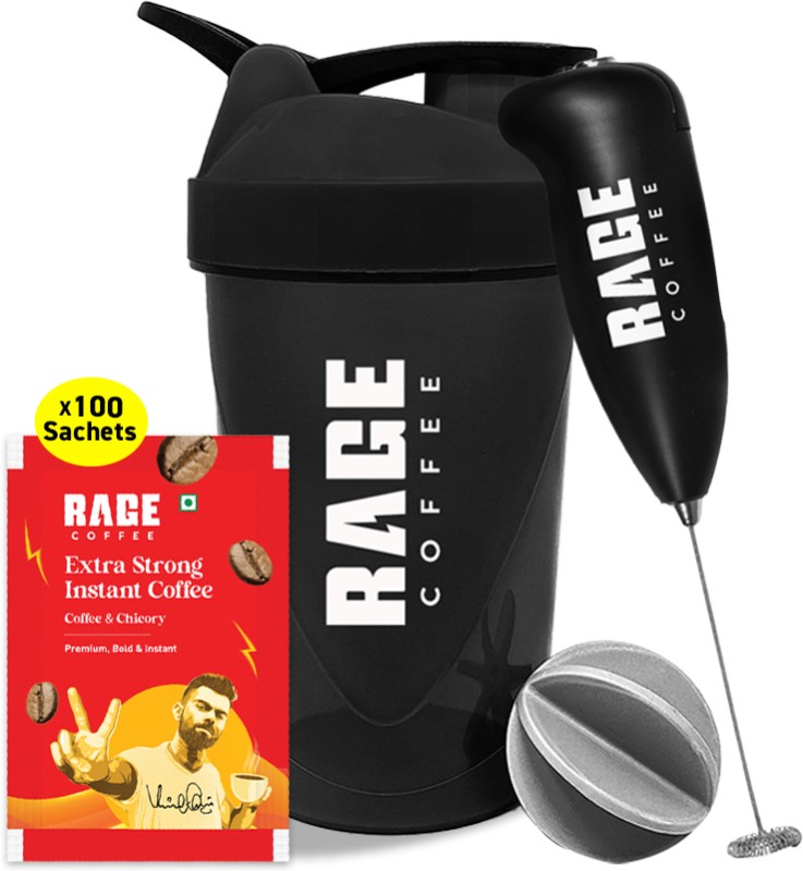 RAGE Extra Strong Premium Blend Coffee Pack of 100 + Multipurpose Shaker 450 ml + Frother Instant Coffee